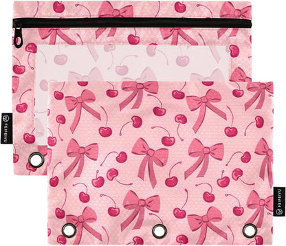 Pink Bow Cherry Pencil Pouch for 3 Ring Binder 2 Pack Zipper Binder Pencil Bag with Clear Window Pencil Case for Office Supplies