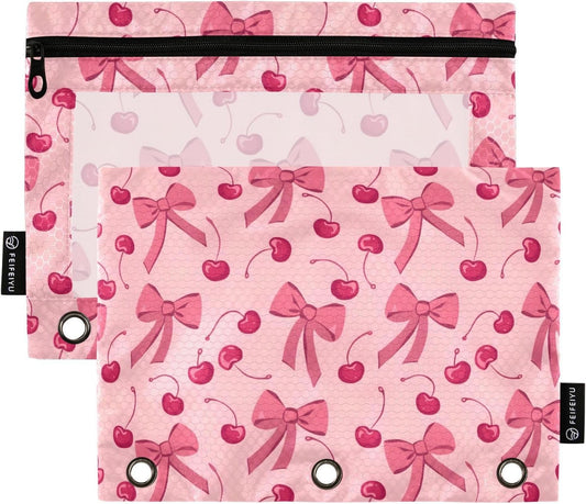 Pink Bow Cherry Pencil Pouch for 3 Ring Binder 2 Pack Zipper Binder Pencil Bag with Clear Window Pencil Case for Office Supplies