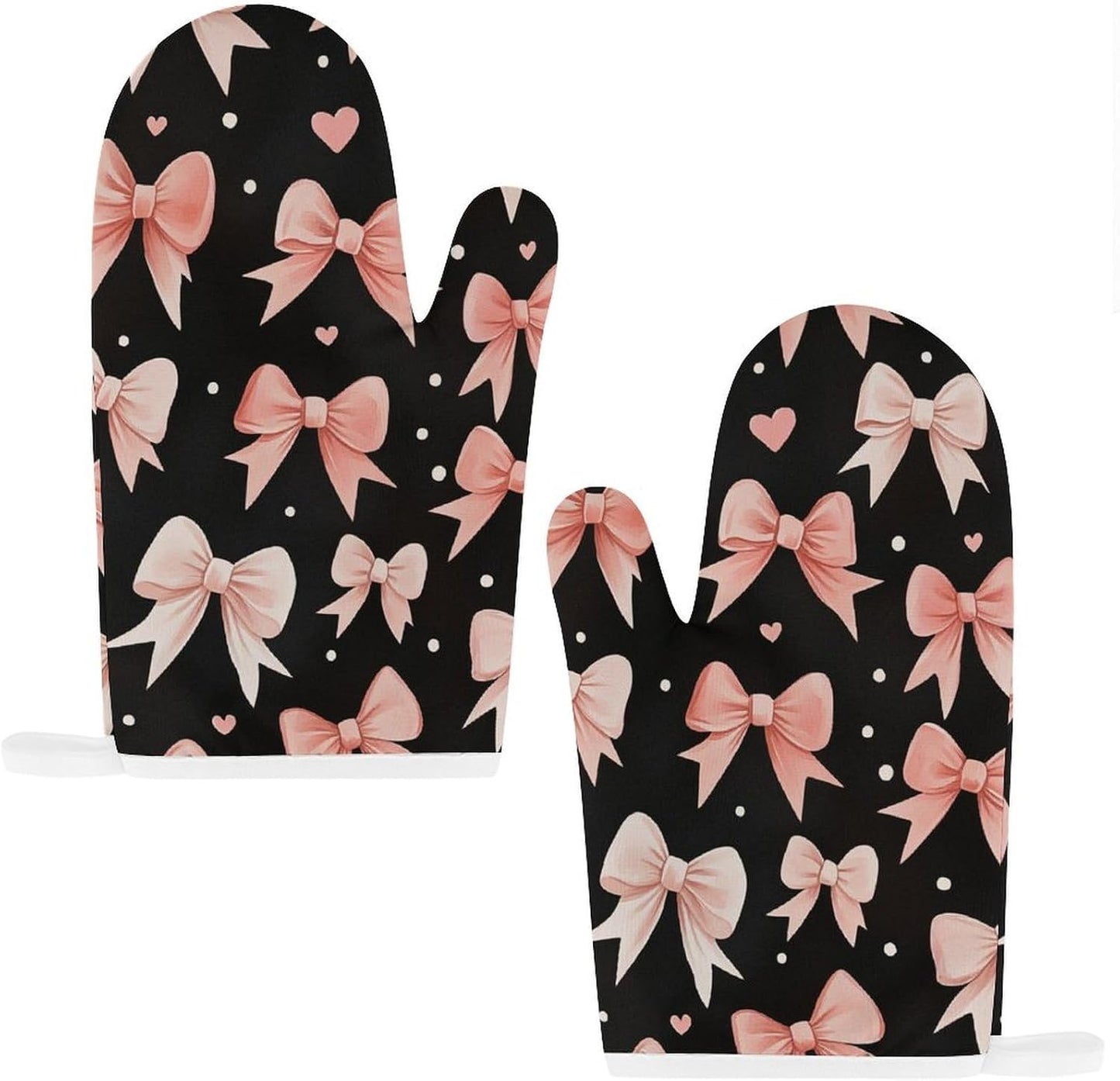 Light Pink Bows White Dots and Hearts Oven Mitts and Pot Holders Set, Heat Resistant Kitchen Gloves and Potholders for Cooking, Baking, Grilling and BBQ