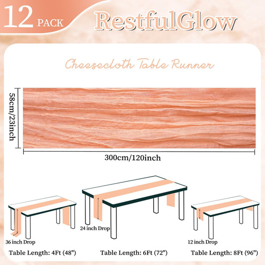 12 Pack Peach Cheesecloth Table Runner 10FT Boho Cheese Cloths Gauze Fabric Table Runners 120 Inch Rustic Sheer for Summer Wedding Birthday Party Baby Shower Holiday Home