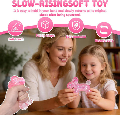 Balloon Dog Squishy Toy, Stretchy Sensory Fidget Toy for Kids and Adults, 1.97in Soft Stress Relief Squeeze Toy, Cute Balloon Animal Desk Toy, Glitter Squishy Gift(Pink)