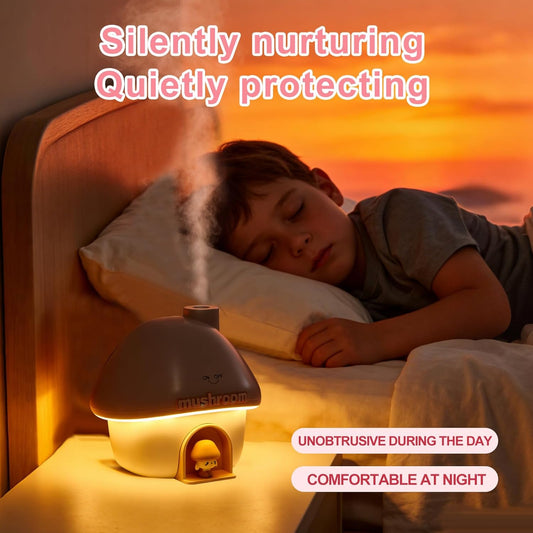 Mushroom House Humidifiers, Rechargeable Desktop Silent Air Humidifier with Night Light, USB Portable Cute Mist Humidifiers with Rainbow Gradient Lighting for Home, Office, Car, and Travel (Pink)