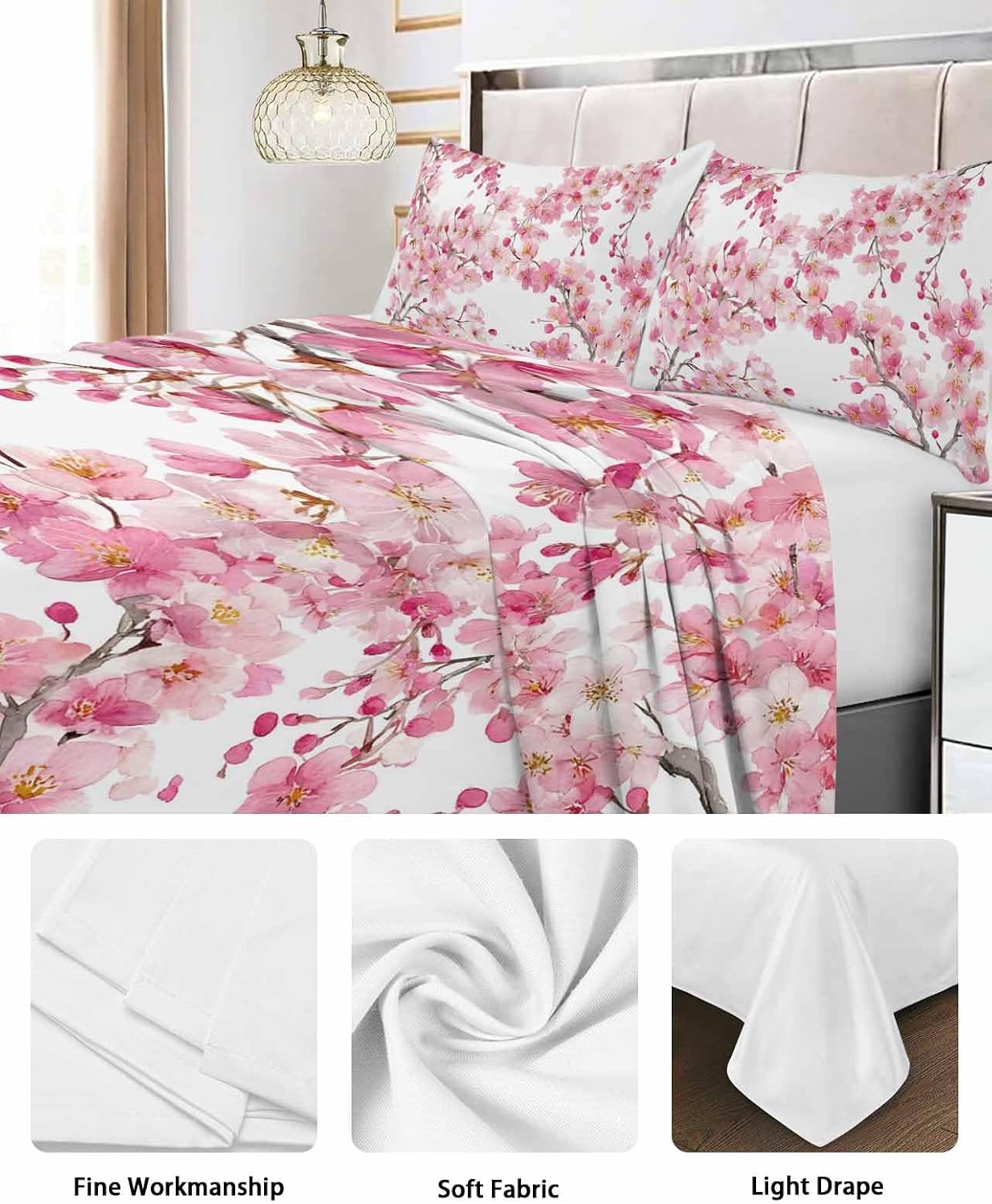 Full Size Flat Sheet Only, Spring Peach Flowers Soft Brushed Microfiber Bed Sheets, Pink Botanical Floral Leaves Branch Hotel Quality Breathable Bedding Top Sheet, Easy Care, 81"x96"