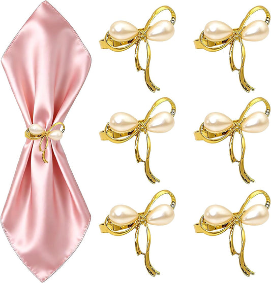 Bow Napkin Rings Set of 6 Pearl & Crystal Rhinestone Butterfly Knot Napkin Holder for Wedding Brithday Party Decor,Elegant Bow Tie Table Setting for Holiday Gatherings & Family Dining Daily