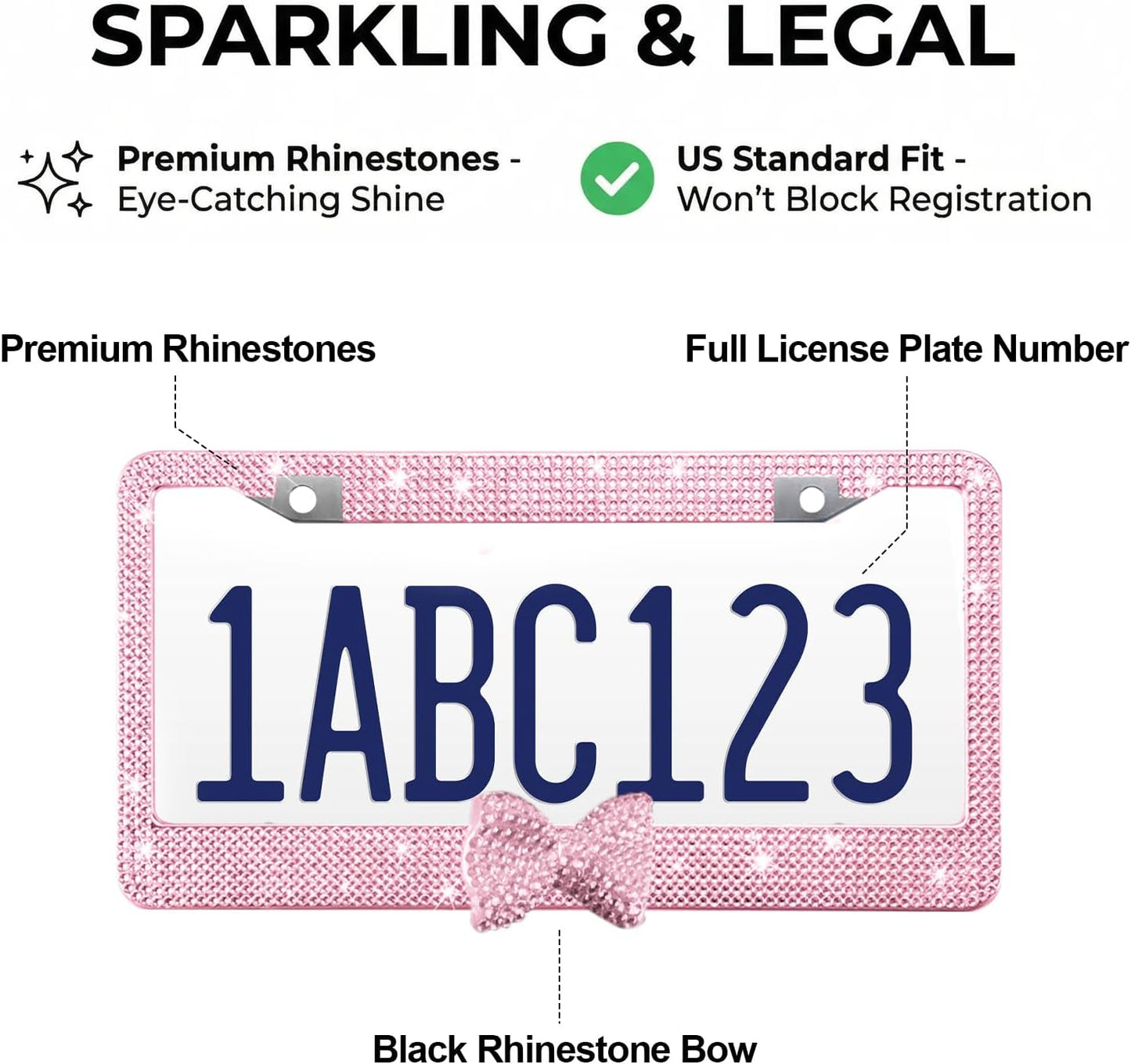 Rhinestone License Plate Frame, Pink Frame with Pink Bow, 1 Pack | Pink bow accent; sparkly rhinestones; mounting screw kit; silicone washers; standard US plates