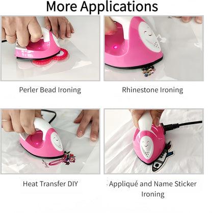 Pink Mini Iron for Craft Travel Heat Press, Small Portable Iron for DIY Heat Transfer Vinyl, Patches & Perler Bead Projects with US Plug
