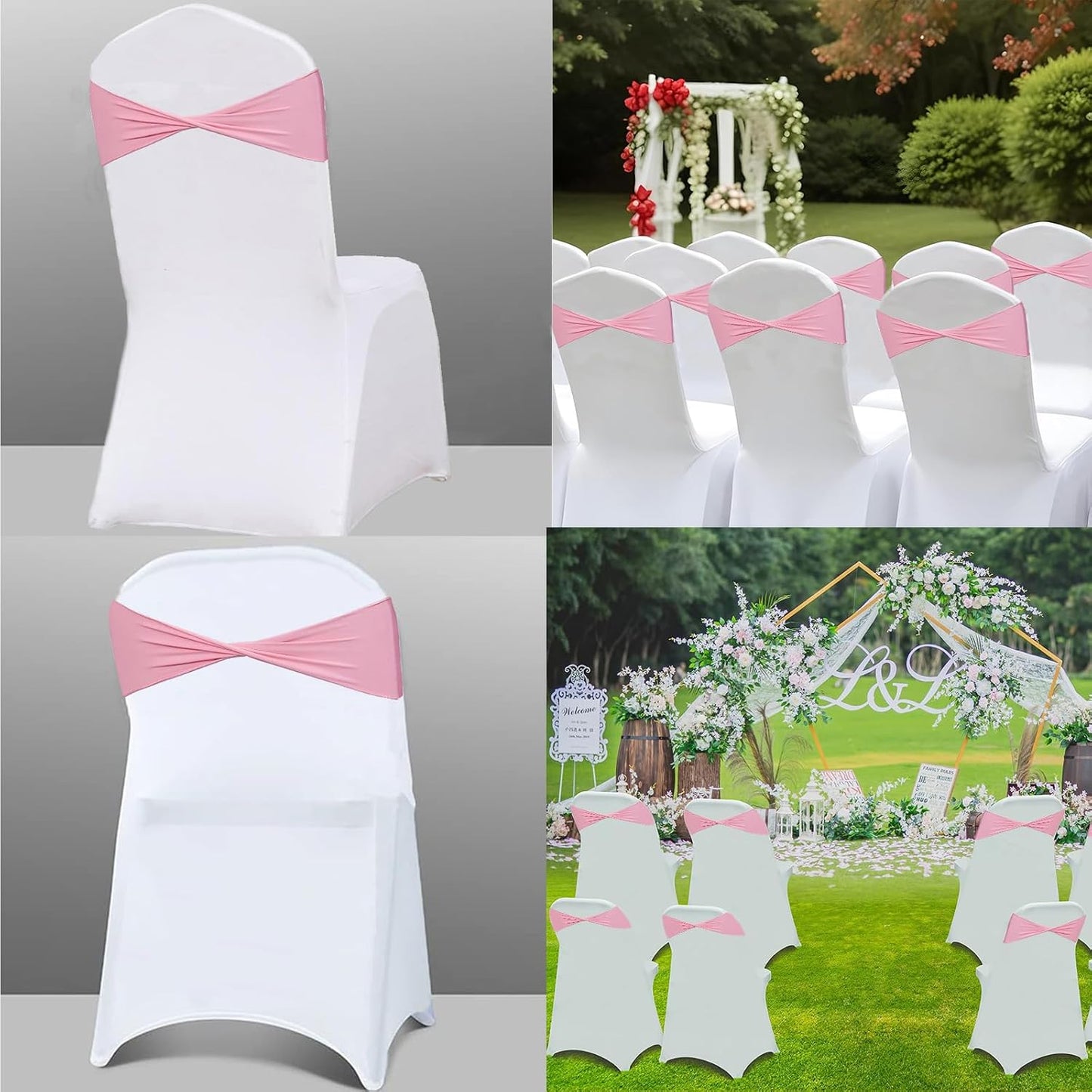 Spandex Pink Chair Sashes 50 Pcs Pink Sashes Bows Elastic Chair Cover Bands Ties Without Buckle for Wedding Party Events Ceremony Birthday