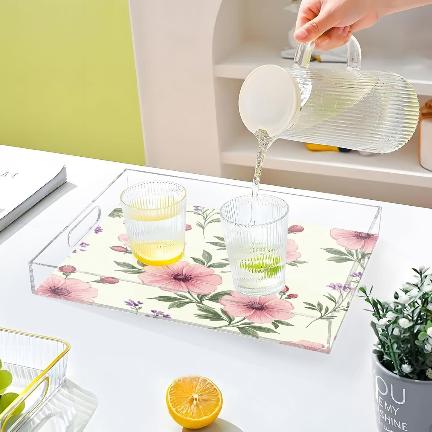 Pink Flowers Acrylic Serving Tray with Handles,Clear Serving Tray Decorative Organiser for Ottoman, Kitchen, Bedroom Decorative 12x16 Inches