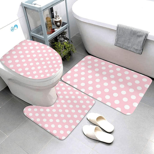 Bathroom Rugs Sets 3 Piece - Light Pink Polka Dot Print Absorbent Non Slip Washable Bath Mats, U-Shape Toilet Lid Cover, Contour Mat, Soft Shower Mats Bath Rug Mat for Bathroom Tub Toilet