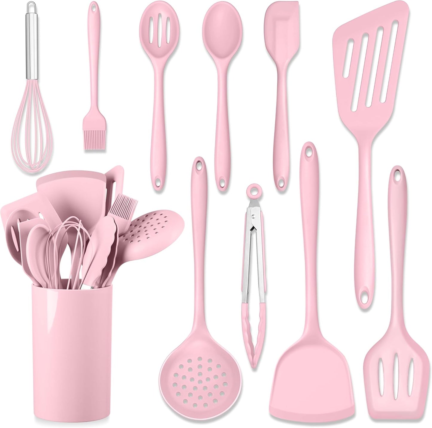HaWare 11 PCS Silicone Cooking Utensils Set, Heat Resistant Kitchen Utensils with Holder, Food-grade Spatula Sets for Nonstick Cookware, Kitchen Tools Gadgets Include Fish Turner, Spoon (Pink)