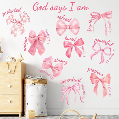 Mfault Christian Pink Bow Wall Decals Stickers, Inspirational Religious Bible Verse God Says I am Strong Girls Women Teens Room Decoration, Coquette Trendy Knot Valentines Day Girls Party Decor
