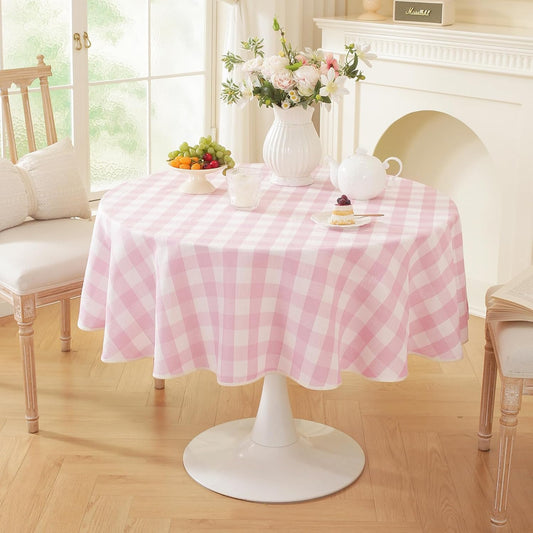 Laolitou Pink Gingham Table Cloth Round Tables Buffalo Plaid Checkered Tablecloth Cotton Linen Farmhouse Tablecloths Washable Wrinkle Free for Baby Shower Picnic Kitchen, 60", 2-4 Seats