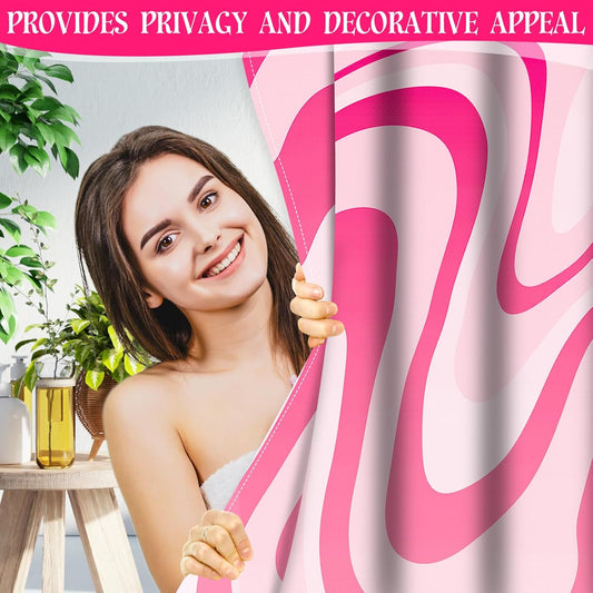 Fiodrimy Pink Shower Curtain Cute Preppy Aesthetic 70S 80S Abstract Wavy Swirl Shower Curtain with 12 Hooks, Groovy Teen Girls Bathroom Accessories 72 * 72 Inches, Pink