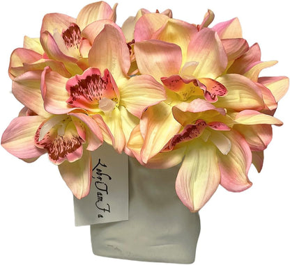12 PCS High Quaulity Latex Real Touch Cymbidium Orchid Artificial Flower Bouquet for Wedding Holiday Bridal Bouquet Home Party Decor Bridesmaid (Pink)