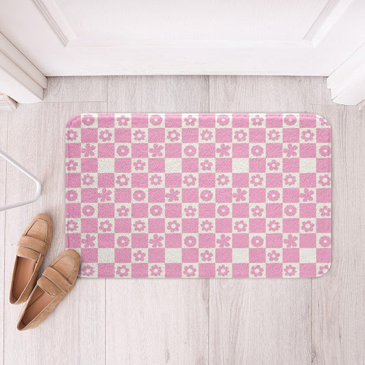 Feelyou Pink Checkered Bathroom Rugs Microfiber 20"x32" Cute Florals Bath Mats Non-Slip Checkerboard Grid Bathroom Accessories Checkerboard Geometric Floor Doormats Soft Door Mat