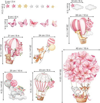 decalmile Pink Hot Air Balloon Animal Wall Decals Flowers Balloons Elephant Deer Fox Wall Stickers Girls Room Baby Nursery Kids Bedroom Wall Decor