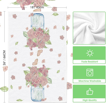 Artoid Mode Pink Hydrangea Vase Butterfly Spring Kitchen Towels Dish Towels, 18x26 Inch Summer Flowers Holiday Decoration Cleaning Set of 2
