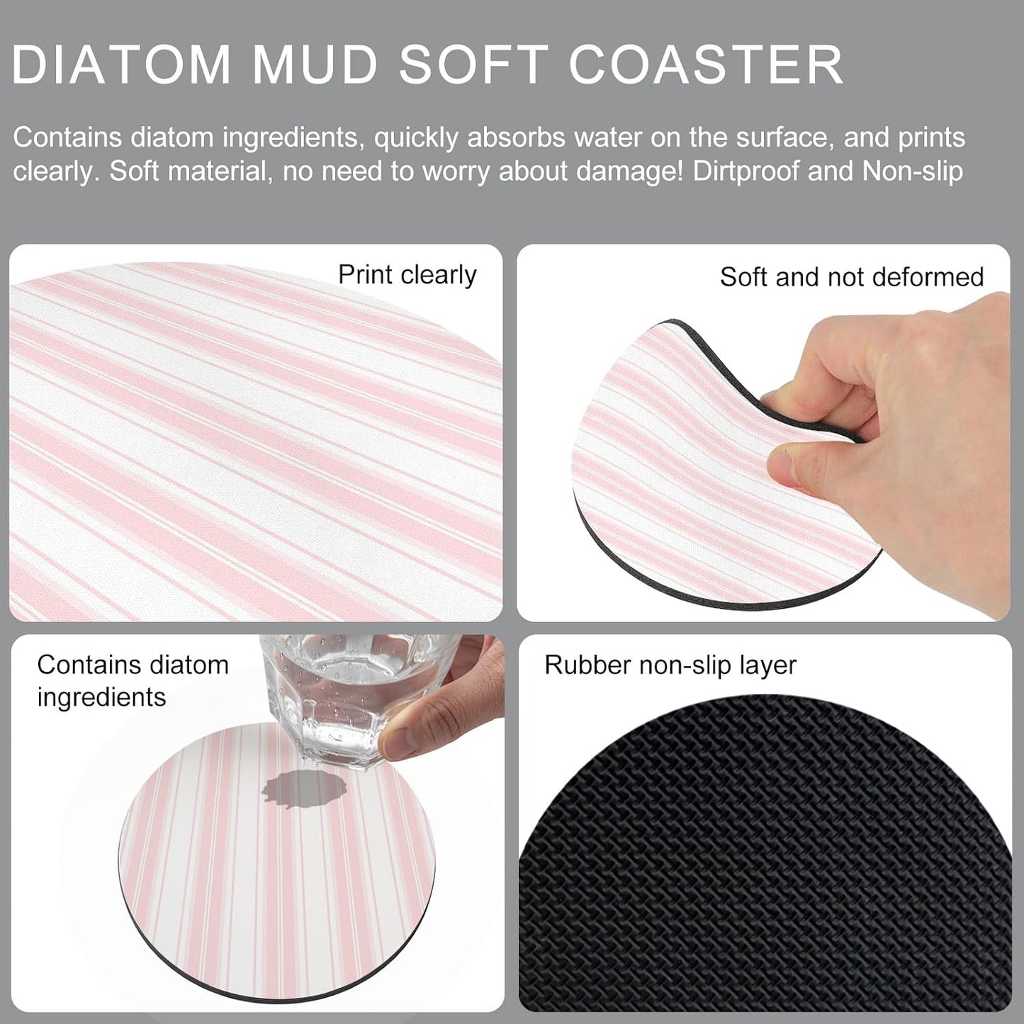 Pink Striped Coasters Set of 6 Absorbent Coasters for Drinks Coffee Table Decor Diatomaceous Earth Cup Coaster for Bar Desk Accessories Modern Thin Line Vertical Stripes Gifts for Women 4Inch