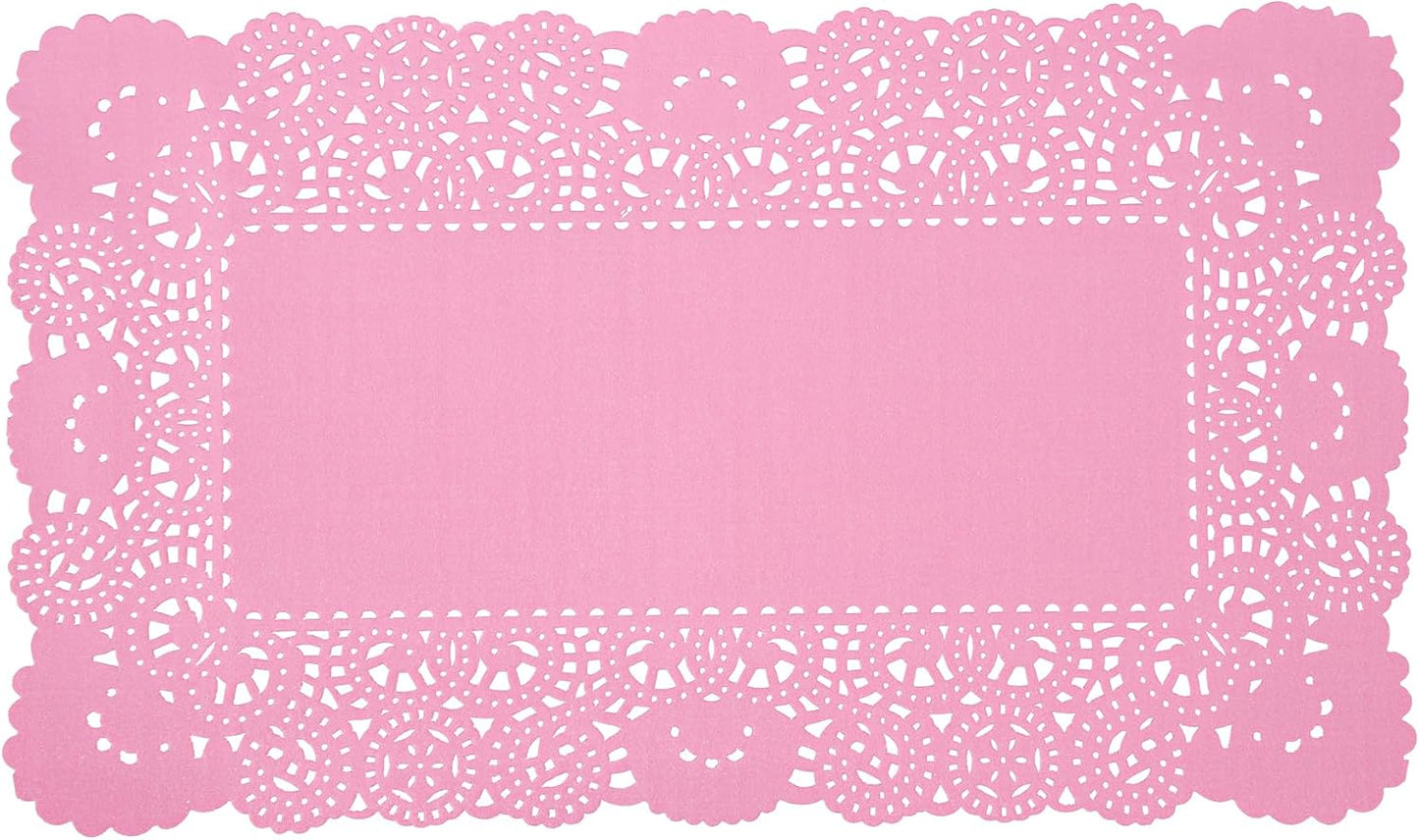 Restaurantware-Pastry Tek 12 x 7 Inch Paper Lace Doilies, 100 Rectangle Disposable Table Doilies - Elegant Lace Finish, Long Lasting, Pink Paper Lace Doilies, for Pastries, Cupcakes, Desserts
