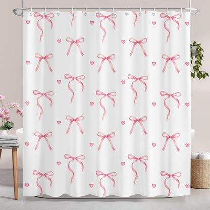 Dazzlewall Pink Bow Tie Shower Curtains, Cute Shower Curtain Set for Girls Bathroom Decor Modern Pink Curtains with Hooks, Waterproof Fabric 72x72 in
