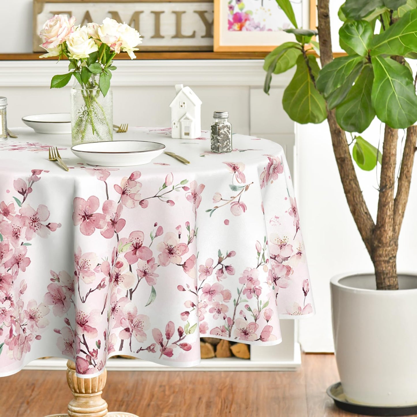 Horaldaily Spring Tablecloth 60×60 Inch Round, Pink Cherry Blossoms Washable Seasonal Table Cover for Party Picnic Dinner Decor
