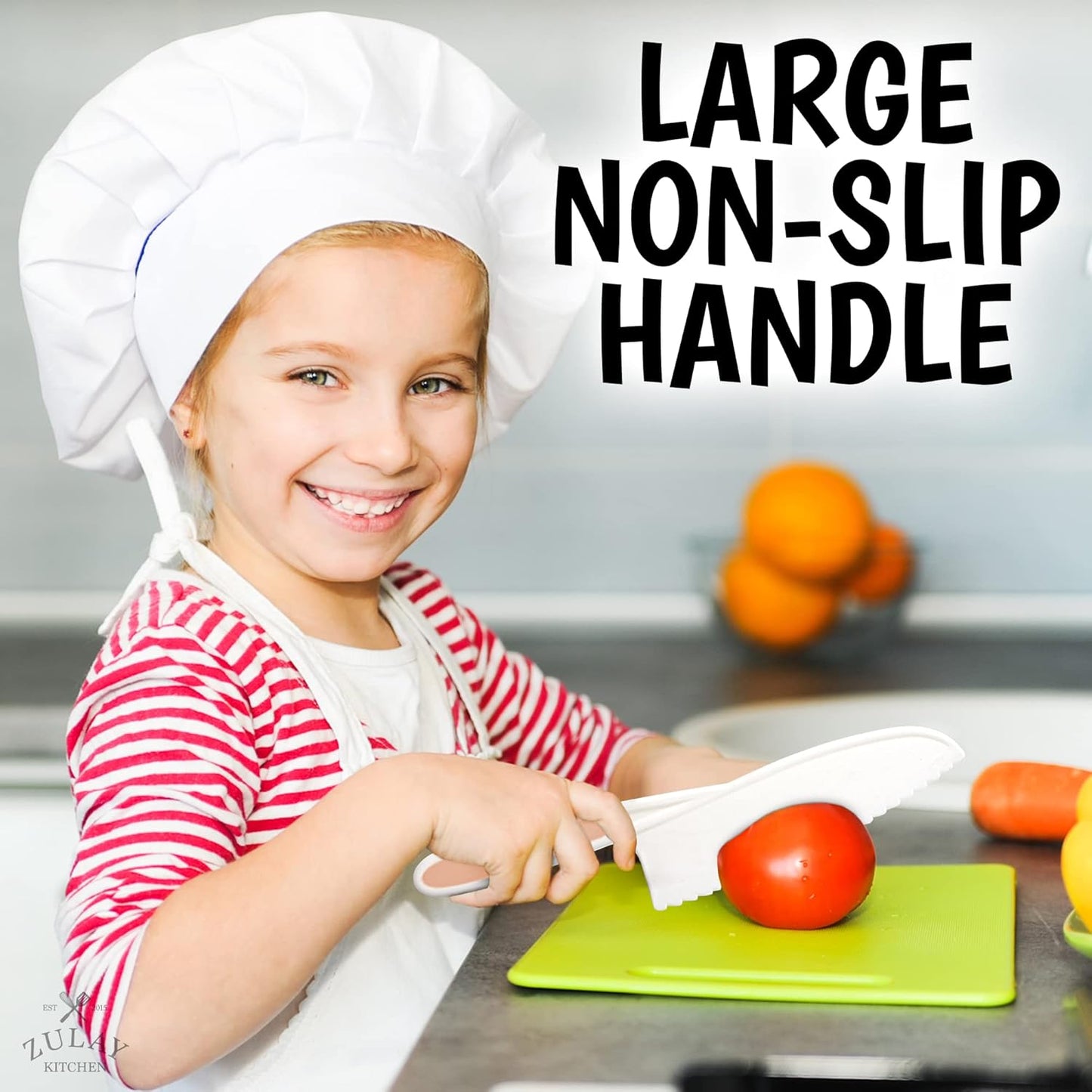 Zulay 3-Piece Kids Knife Set for Real Cooking & Baking - Toddler Knives for Cutting Fruits, Veggies, & Cake - Children’s Montessori Knife with Serrated Edges - Safe & Fun Lettuce Knife (Peach)