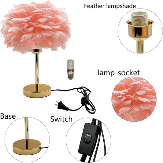 Pink Feather Table Lamp with Gold Finish - 3 Color Changing LED Bedside Desk Lamp, Modern Romantic Night Light for Bedroom Living Room Wedding Decor, Ideal Gift for Her