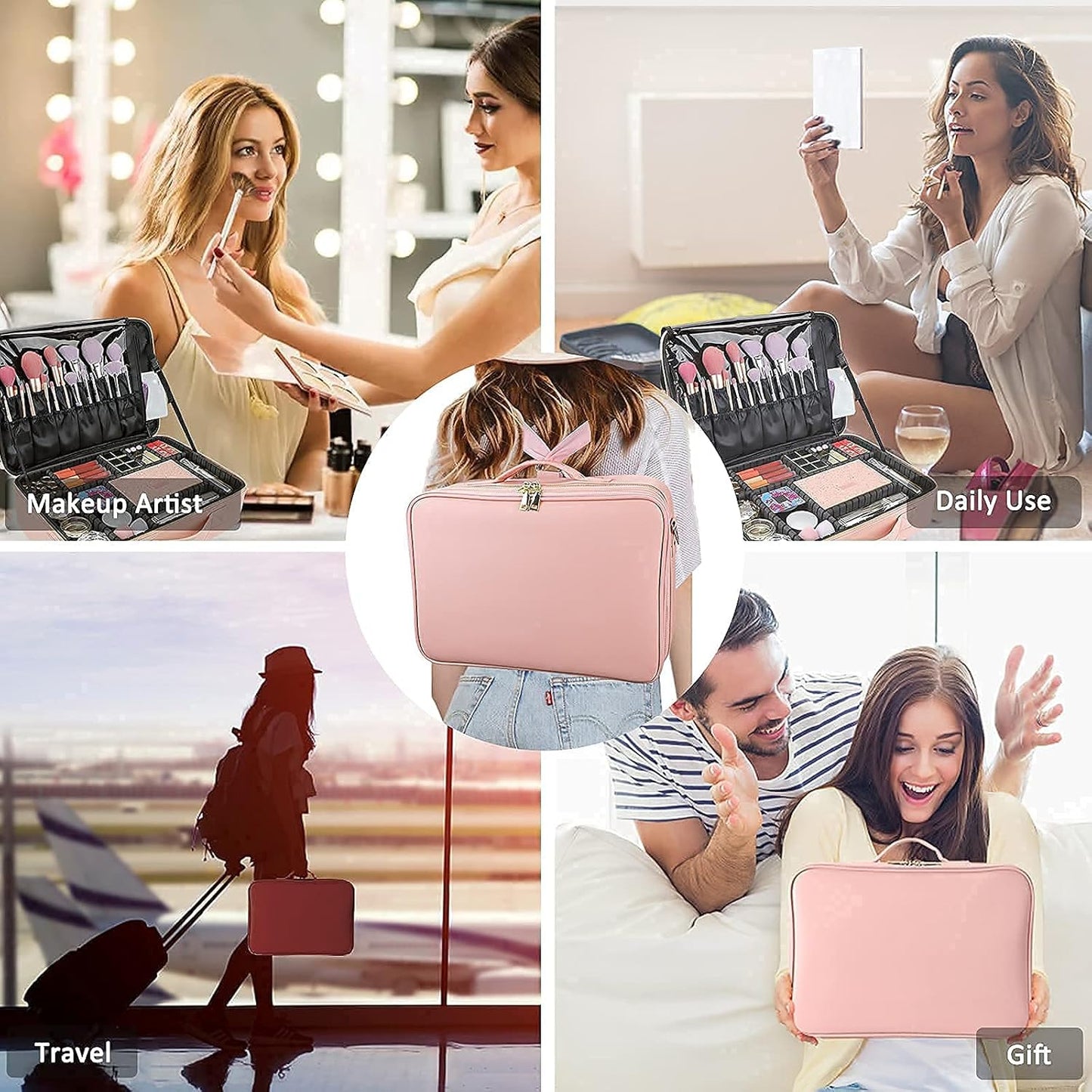 Travel Makeup Train Case,Large Capacity Cosmetic Bags for Women,Portable Makeup Bag Organizer with Adjustable Dividers & Shoulder Strap(Pink, L)