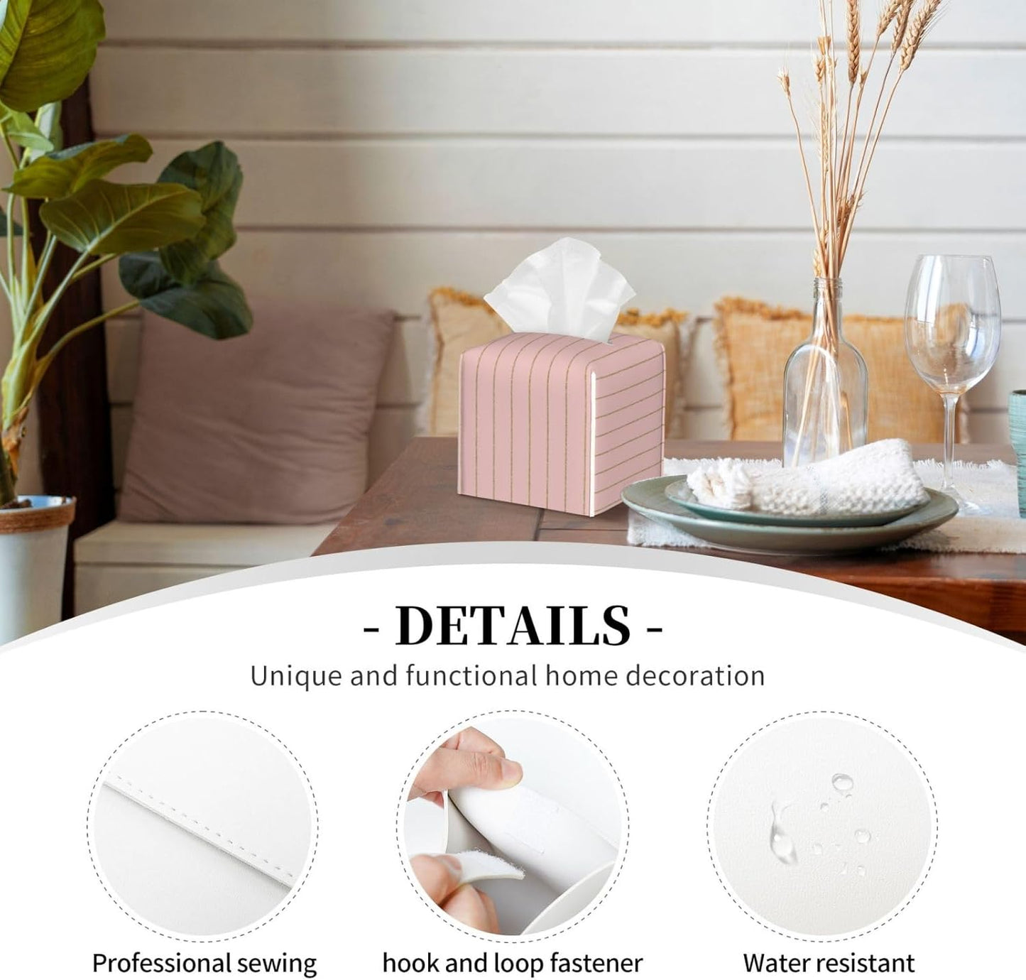 Decorative Tissue Box Cover Square - Retro Gold Pink Pinstripe Print A Leather Cube Tissue Box Holder Paper Case, Organizer Dispenser for Modern Home & Room/Office/Bathroom Decor Aesthetic
