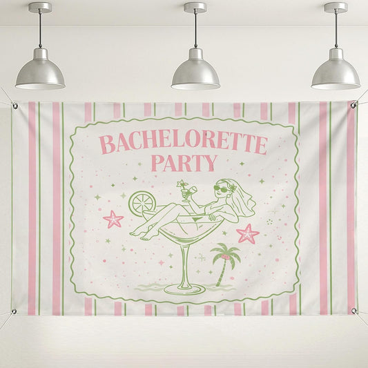 Bachelorette Party Backdrop, Retro Peach Green Striped Decoration, Fun Cocktail Theme Indoor/Outdoor Photo Background for Celebrations 71x43 Inch