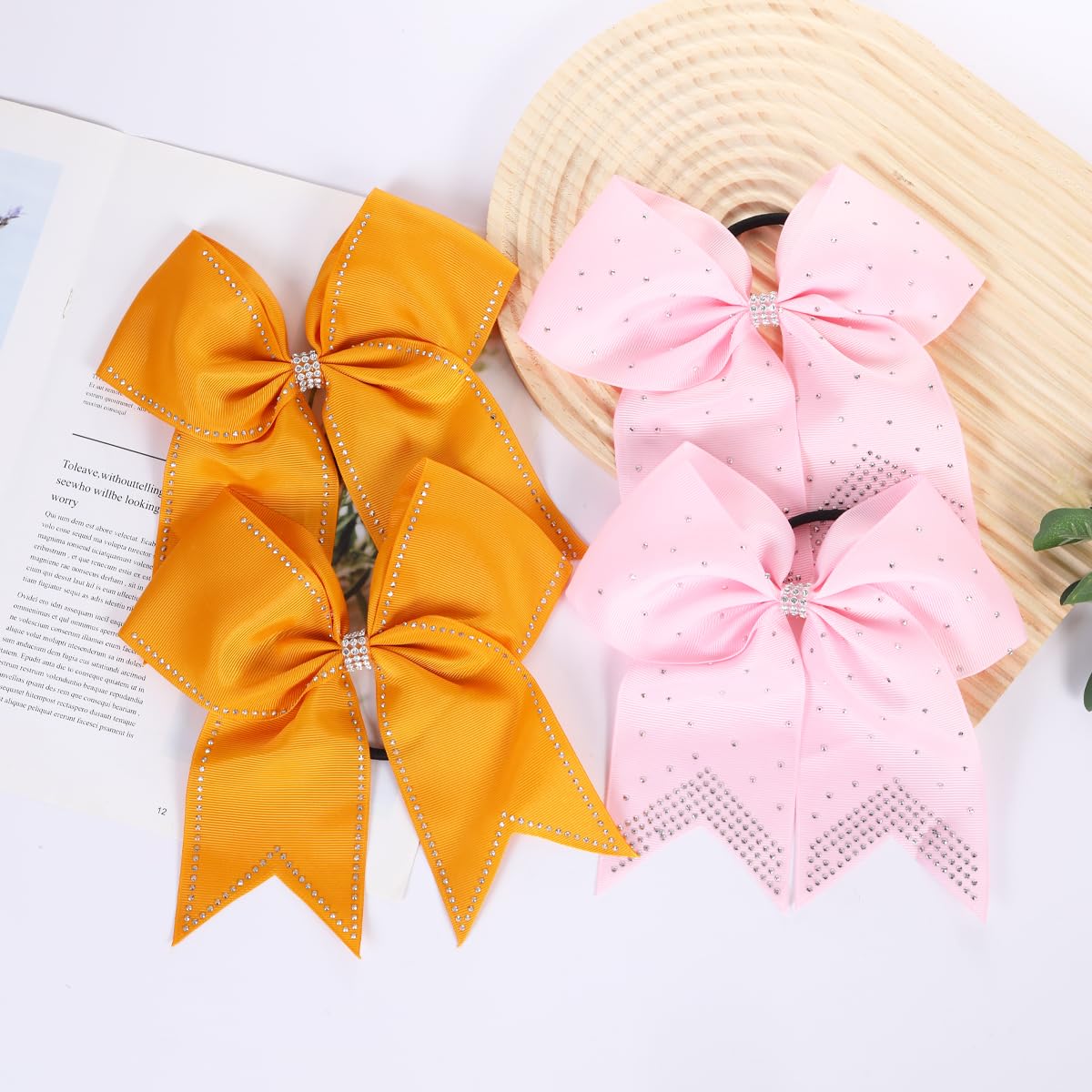 12PCS 8" Rhinestones Large Cheer Hair Bows for Girls, Hand-made Grosgrain Ribbon Hair Accessories for Teen Girls Softball Cheerleader Sport (Light Pink)