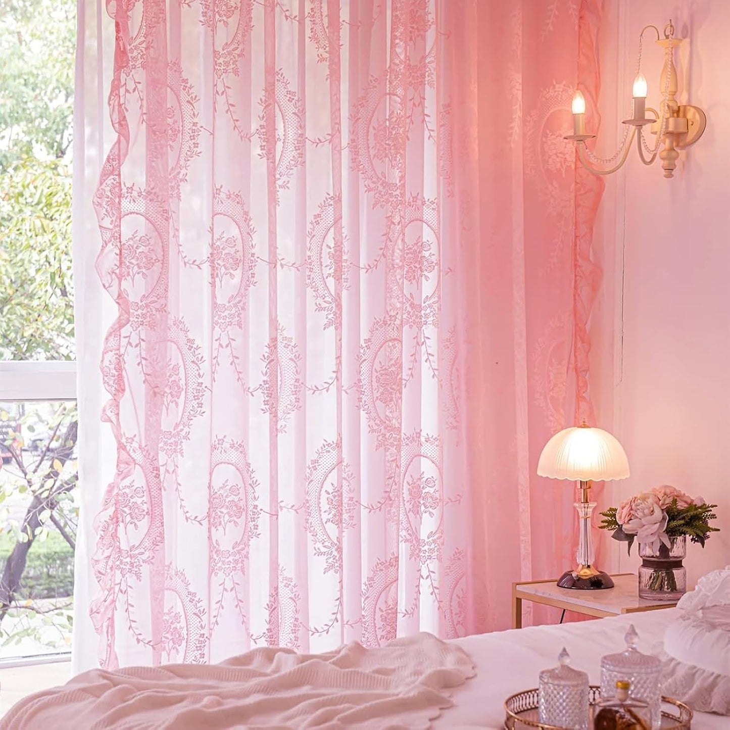 Deeprove Bright Pink Lace Curtains 84 Inches Long 2 Panels Set, Boho Sheer Florals Scallop Ruffled, Shabby Chic Pretty Window Treatment Pair Decor Drapes for Girl's Bedroom Nursery Room W57 x L84