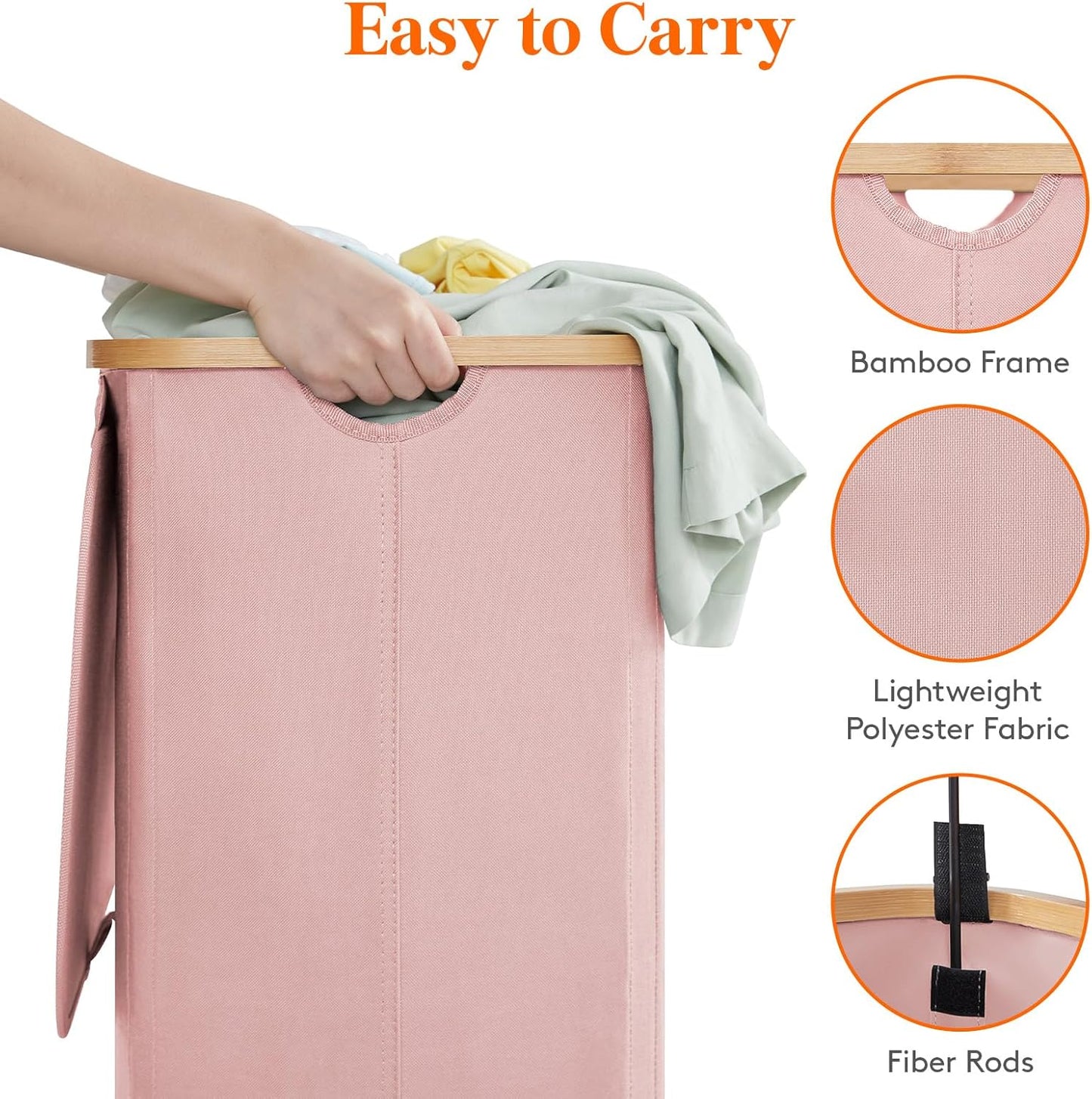 Lifewit 80L Laundry Basket with Lid, Clothes Hampers for Laundry with Bamboo Handles and 1 Removable Bag, Large Foldable Laundry Hamper for Bedroom, Bathroom, Dorm, Laundry Room, Pink