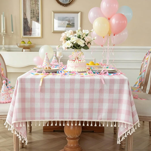 Alsoo Pink Gingham Tablecloth Rectangle 55 x 120 Inch, Washable Checkered Plaid Table Cloth Heavy Duty Linen Cotton Fabric for Summer Outdoor Picnic Party Dining