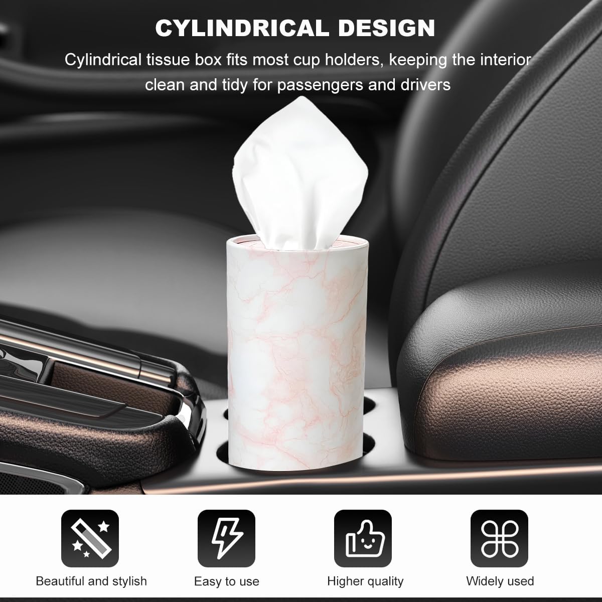 DXNQ 4 PCS Car Tissues Holder, Car Cup Holder Refillable Travel Tissues Tube with Facial Tissues, Portable Cylinder Round Tissue Boxes Container Decor for Car Office Home (Marble Pink)
