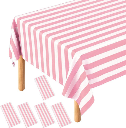 uxcell 5Packs Pink and White Striped Table Cloths 54 x 108 Inches Rectangle Plastic Tablecloth Waterproof Table Cover for Dining Birthday Party Kitchens Picnic
