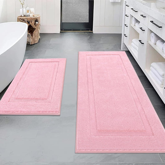 SHACOS Pink Bathroom Rugs Sets 2 Piece 47x20 + 32x20 inch, Non Slip Bath Mat Microfiber Washable Bathroom Rugs, Soft Fluffy Water Absorbent Bath Mats