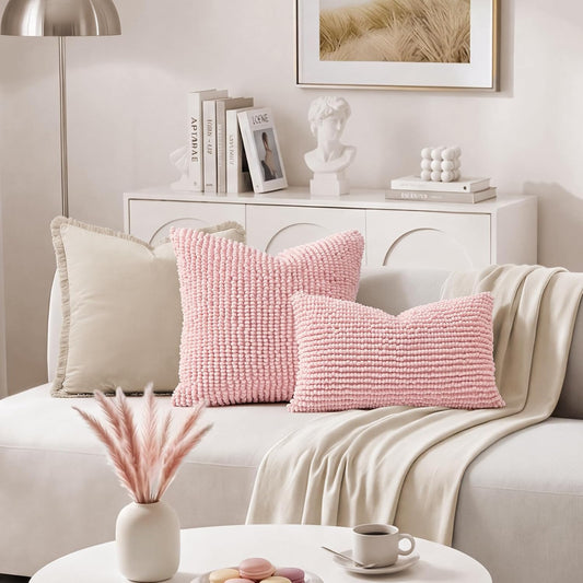 HOMEIDEAS Light Pink Decorative Chenille Throw Pillow Covers 18x18 Set of 2, Thick Soft Plush Pillow Covers for Couch Sofa Bed Living Room Home Decor