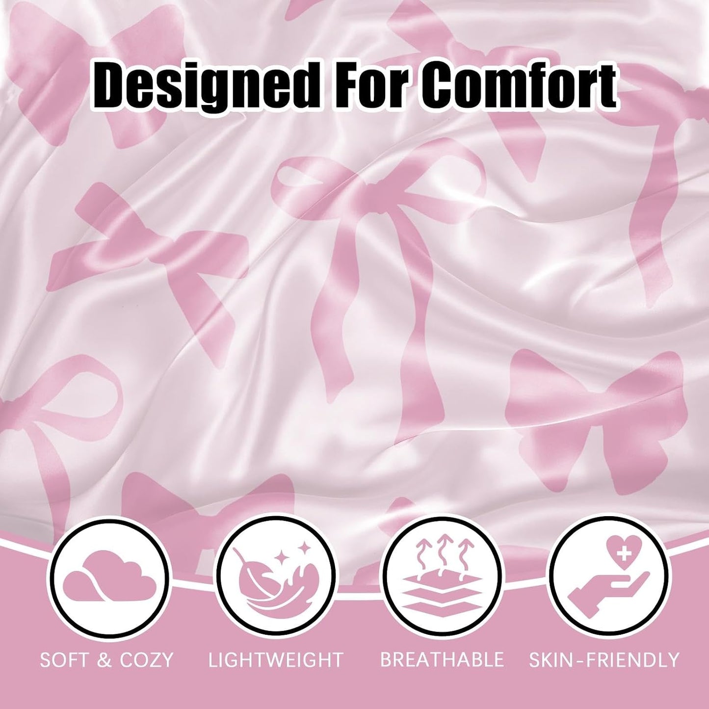 Fahrendom 2 Pack Satin Pillowcase, Smooth Silk Pillowcase with Hidden Zipper for Hair Skin, Soft Pillow Case Pillow Covers for Sleeping Gifts for Women Standard Size 20''x26'', Pink Bow Ribbon