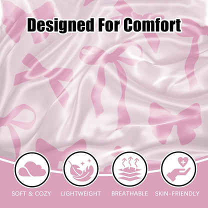 Fahrendom 2 Pack Satin Pillowcase, Smooth Silk Pillowcase with Hidden Zipper for Hair Skin, Soft Pillow Case Pillow Covers for Sleeping Gifts for Women Standard Size 20''x26'', Pink Bow Ribbon