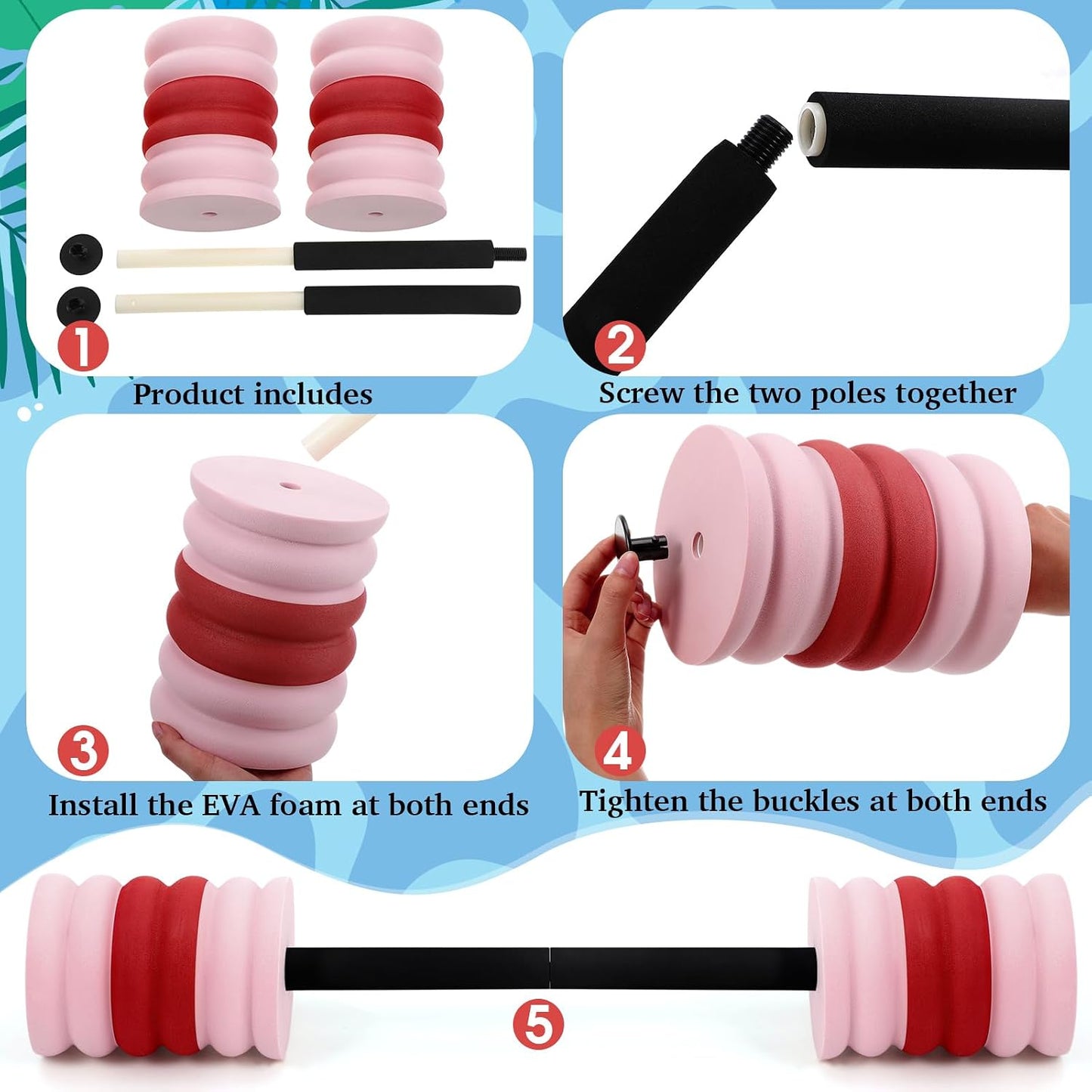 Soulchen Long Aquatic Exercise Dumbbells Pool Exercise Foam Water Weights Dumbbell Aquatic Pool Barbells with High Density EVA Foam for Swim Water Aerobics Workouts Loss