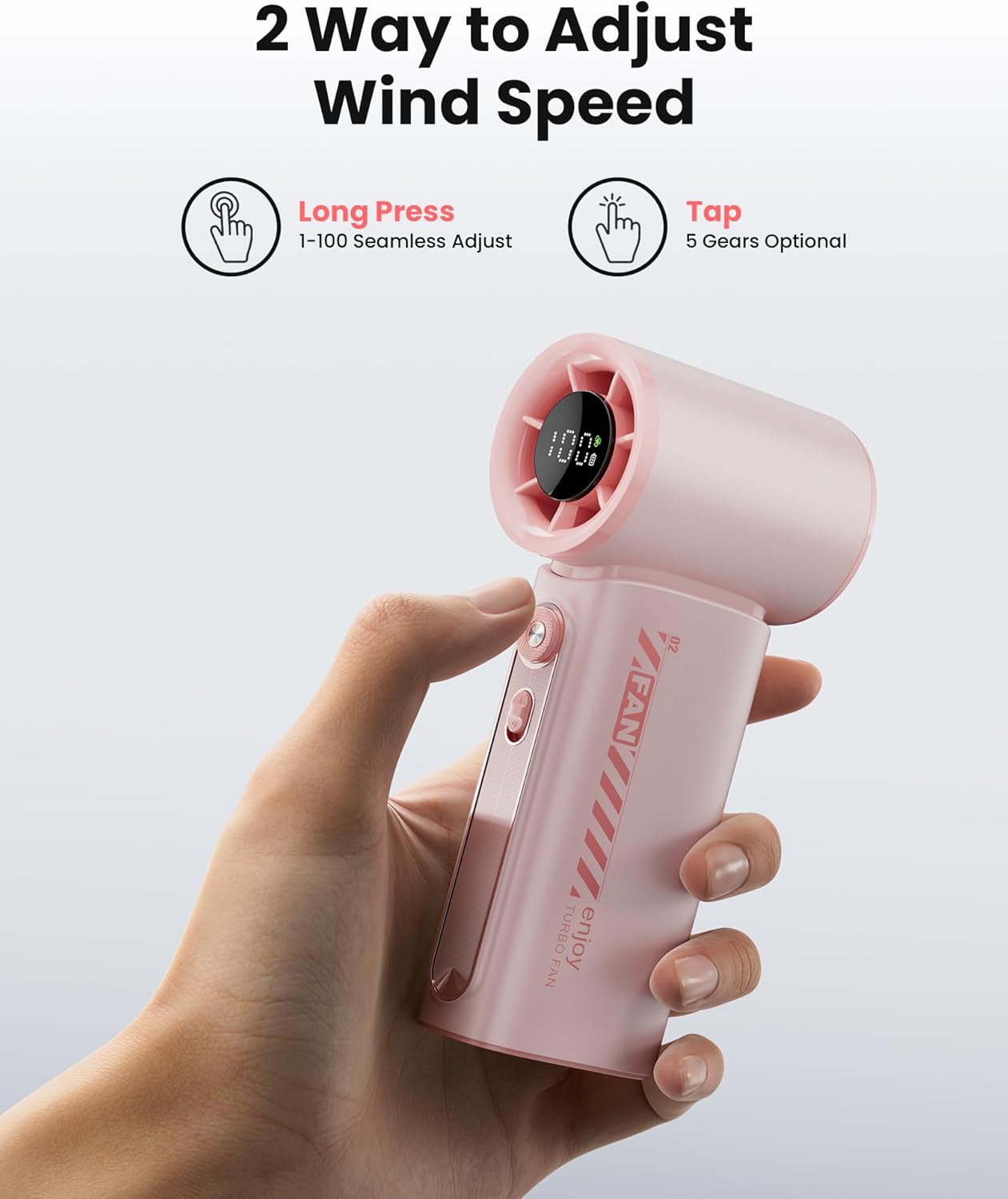 Koonie 19000 RPM High Speed Portable Handheld Fan,100 Speeds Mini Turbo Fan, 3600mAh, 12H Max Cooling Time, Digital Display, 5" Height, Rechargeable Hand Fan for Outdoor Indoor Pink