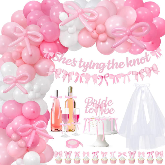 She's Tying The Knot Bridal Shower Party Decorations, Pink Bow Bachelorette Party Supplies, Bow Balloon Arch, She's Tying The Knot Banner, Bride To Be Cake Topper, Bow Veil & Satin Ribbon