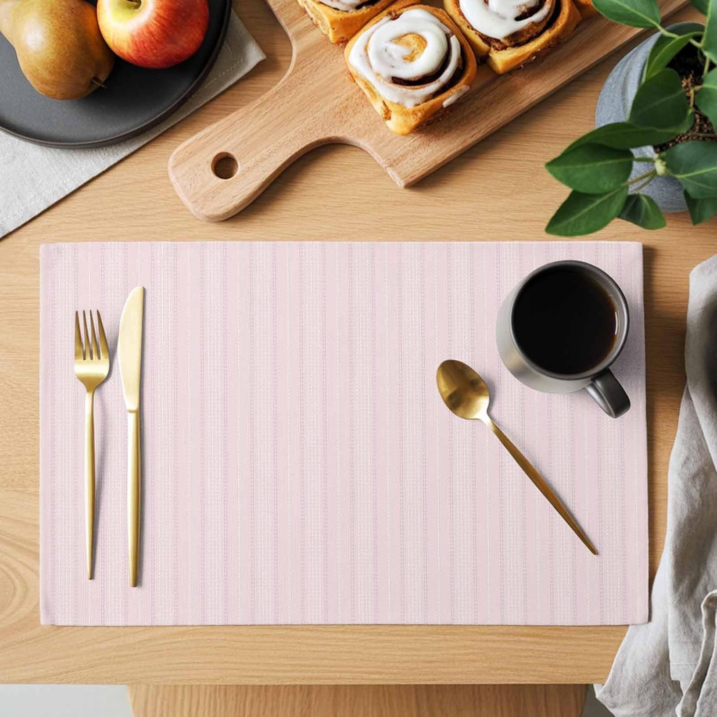 Blush Pink Line Striped Placemats Set of 6, Farmhouse Pink Stripes Placemats for Dining Table, Place Mats for Kitchen Tabletop, Waterproof Wipeable Dining Table Mats Set