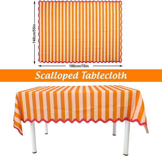 AnyDesign Scalloped Edged Tablecloth Orange Pink Striped Table Cloth Waterproof Rectangle Fabric Table Cover for Home Kitchen Party Table Decoration, 55 x 70 Inch