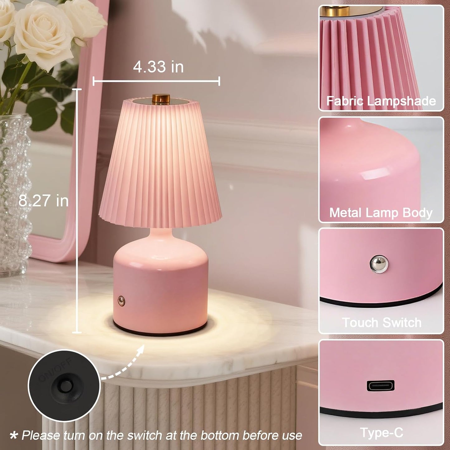 Small Bedside Lamp Rechargeable Table Lamp, Touch Lamps for Nightstand 3 Color Stepless Dimming, Metal Base Pleated, for Bedside, Bedroom, Dining Room, Living Room (Pink)