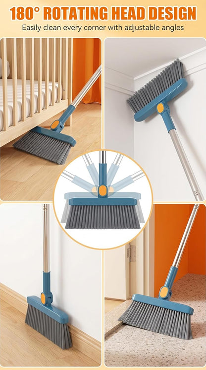 Stand-Up Dustpan Set with 180° Rotating Broom,Self-Cleaning Comb Teeth & Long Handle, No Bending Sweeping Set for Home Kitchen Floor Pet Hair (Pink,Basic Set)