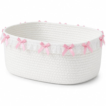 Cute Basket for Gifts Empty, 12"x 8"x 5" Coquette Woven Rope Gift Baskets White Lace Rectangle Shelf Organizer Storage Bins for Nursery, Baby Shower, Toy Organizing