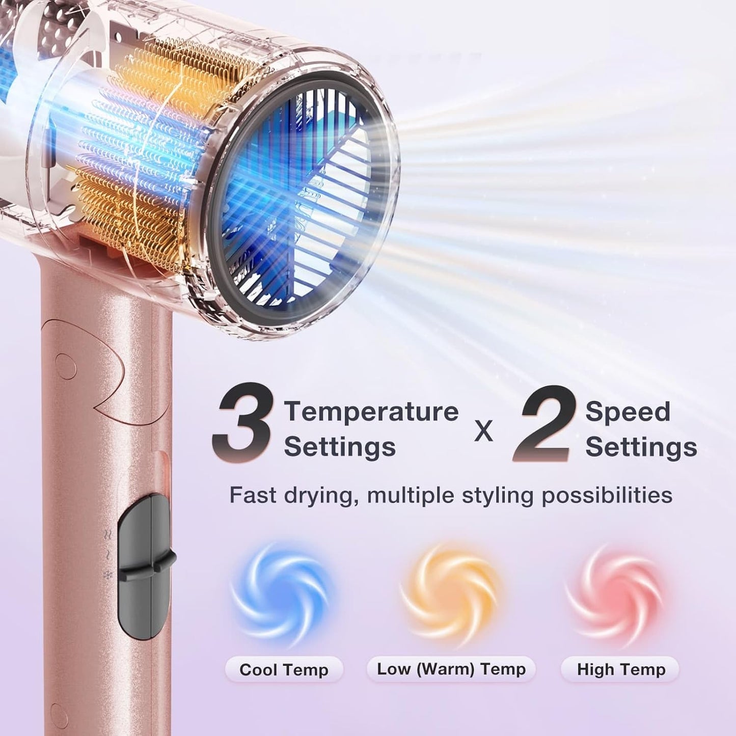 BABONIR Ionic Diffuser Hair Dryer for Curly Hair, 1875W Fast Drying Blow Dryer with Diffuser and Concentrator Nozzle, Compact & Portable Negative Ion Hairdryer Blowdryer, 3 Heat 2 Speed Settings, Pink