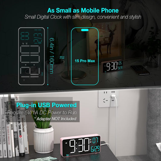 KOSUMOSU Alarm Clocks for Bedrooms, 6.7in Small Digital Clock, Auto Dimming, Room Temperature, Day of The Week, Date, Seconds, Digital Clocks for Living Room, Alarm Clock